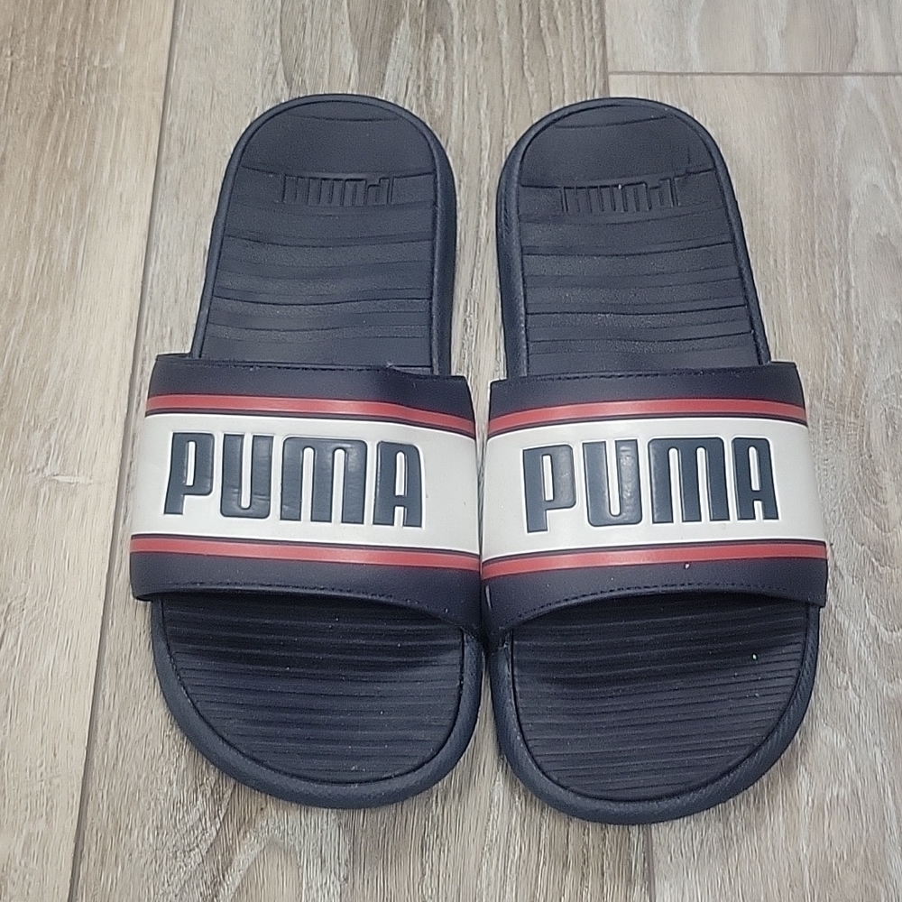 Puma Navy Blue and White Cool Cat Slide Sandals Size 8